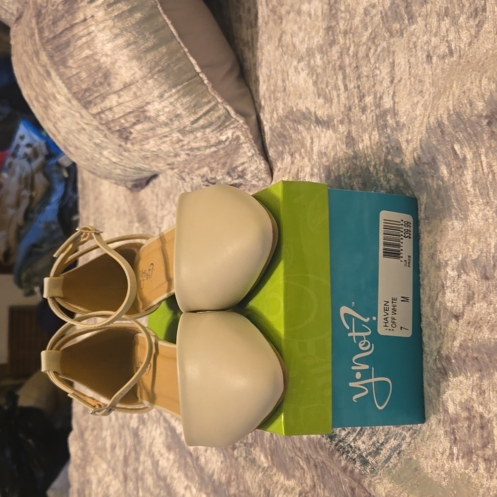 Women's Cream Ankle Strap Flats - Picture 2 of 4
